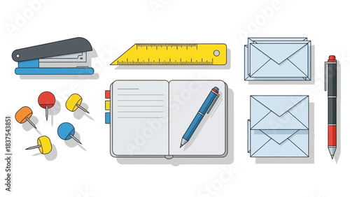 Assorted stationery items stapler ruler tacks notebook pen envelopes arranged neatly