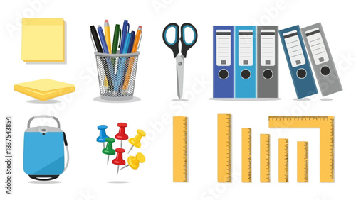 Assorted stationery sticky notes pens scissors binders tacks rulers and an object that looks like a cooler