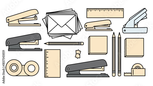 Assortment of office supplies staplers pencils rulers tape notes and envelopes arranged on a white background