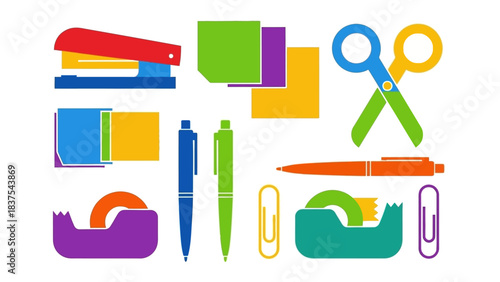 Colorful illustration of office supplies including stapler tape scissors paper pens and clips