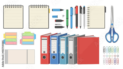 Colorful stationery supplies including notebooks pens binders and scissors are neatly arranged
