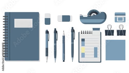 Flat lay notebook pens tape paperclips erasers and notes arranged in a blue white and gray palette