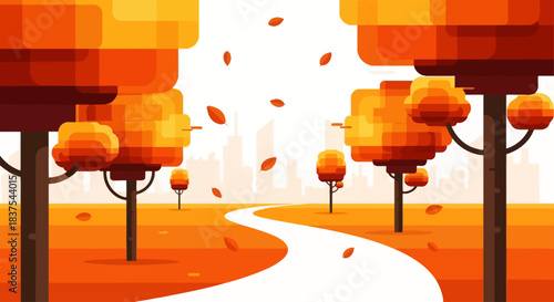 Vibrant autumn landscape illustration featuring a winding path through stylized trees and falling leaves, capturing the serene and colorful beauty of the fall season