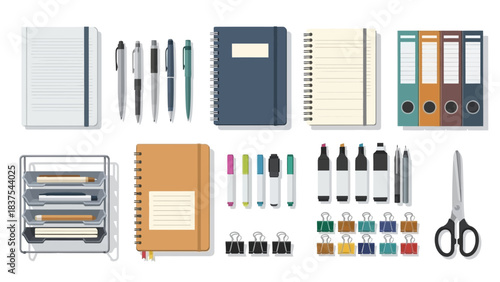 Flat lay of assorted office supplies including pens notebooks files and clips on a white background