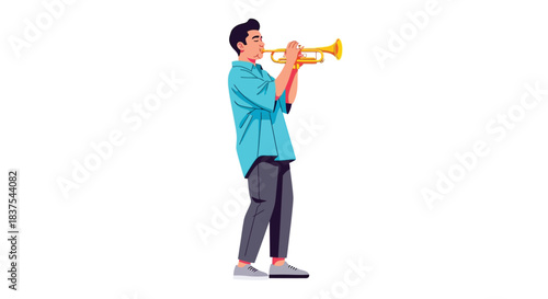 Young man playing a golden trumpet with focused expression and musical passion.