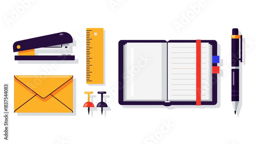 Flatlay of office supplies stapler ruler envelope tacks open notebook and pen arranged on a white background