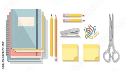 Office supplies arranged notebooks pencils stapler paper clips sticky notes and scissors