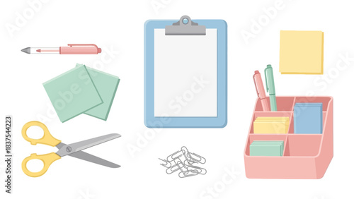 Office supplies clipboard pens organizer paper scissors  clips