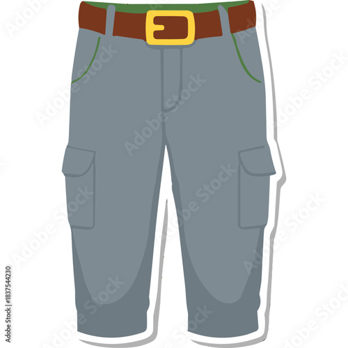 Flat Design Cargo Pants with Brown Belt and Gold Buckle Detailed Gray Trousers with Green Trim on Black Background