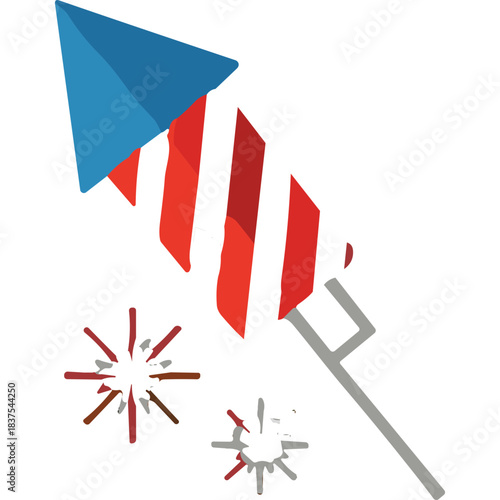 Flat Design Firework Rocket With Red Stripes Blue Tip And Sparklers Against Black Background
