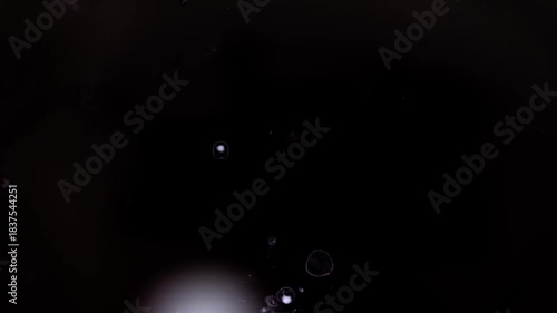 A drop of white liquid falling into a pool of black fluid, creating mesmerizing organic patterns as it dissolves and spreads. High-detail macro shot with smooth chemical reaction textures
