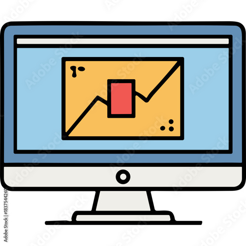 Flat Design Computer Monitor Displaying a Simple Bar Chart with Red Rectangle and Upward Trend Line on Light Blue Screen