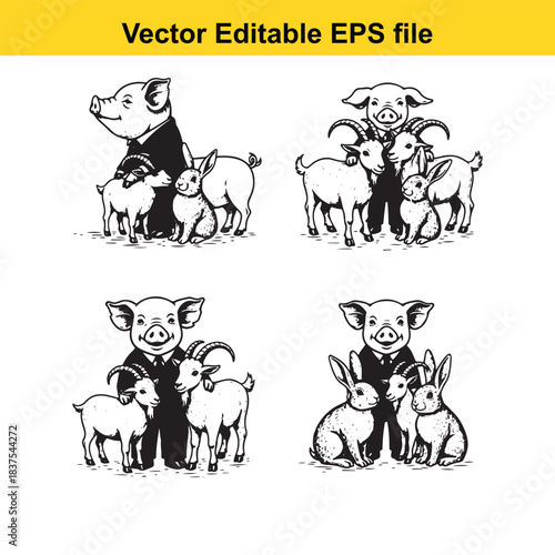  farm animals illustration pig, goat, rabbit isolated on white
