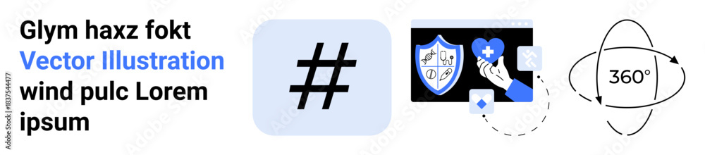Fototapeta premium metadata tag icon, healthcare shield with hand clicking, and orbit-thumbs up 360 symbol. Ideal for technology, social media, healthcare, branding, digital interaction, navigation and simple landing
