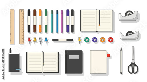 Overhead shot of office supplies incl rulers pens journals tape tacks magnets pen scissors on white surface