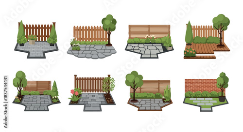 Garden layouts with plants and fences