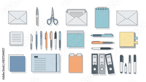 Overhead shot showing stationery pens paper clips files and other desk accessories