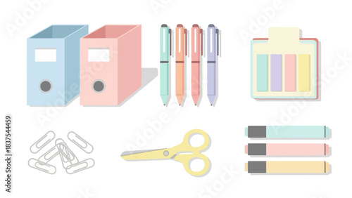 Pastel desk supplies bluepink file boxes pens paperclips scissors sticky notes and highlighters arranged on a white background