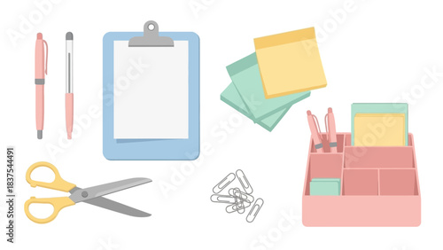 Stationary items on a white background featuring pens scissors a clipboard paperclips sticky notes and a desk organizer