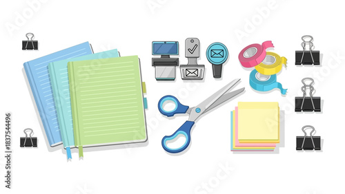 Stationery and office supplies arranged notebooks tape stamps sticky notes scissors and binder clips