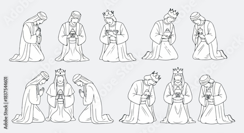Three kneeling kings offering gifts outline style