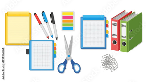 Stationery set notepad pens binders sticky notes clipboard scissors and paper clips on a white background