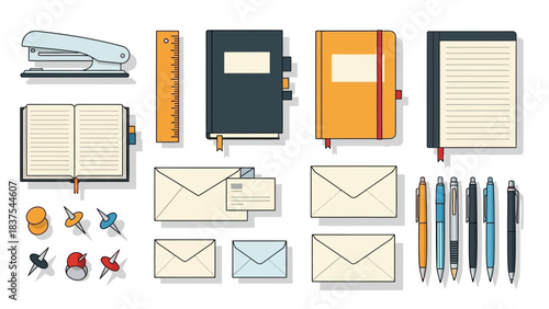 Stationery set with stapler notebooks pens ruler envelopes pushpins