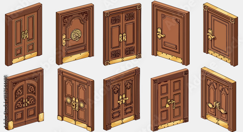 Wooden doors collection in isometric view