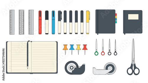Vector art displays assorted schooloffice supplies rulers pens notebooks pins tape dispensers  scissors