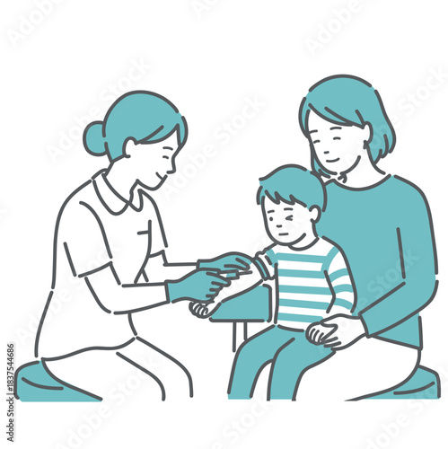 採血・注射を受ける男の子と付き添う母親（安心・平常心）