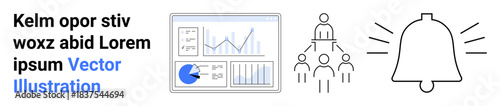 Graphs, charts, connected team hierarchy, and notification bell. Ideal for analytics, collaboration, teamwork, alerts, productivity decision-making simple landing page