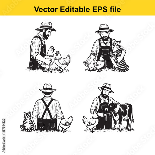  farmer and animals illustrations isolated on white