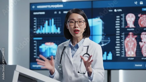 Asian woman in lab coat presents before data, diagrams, and medical images on digital displays in a modern setting