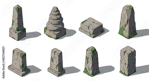 Stone monuments and rock formations with shadows