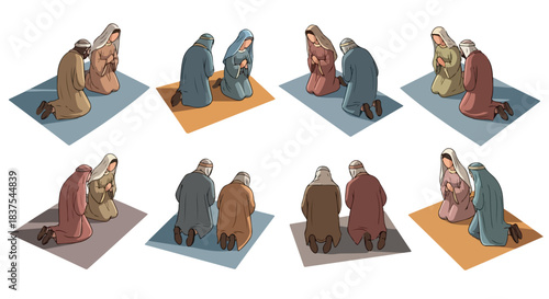 People praying kneeling figures in different robes