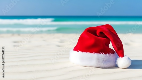 Fototapeta Naklejka Na Ścianę i Meble -  Santa hat on a tropical beach with turquoise ocean waves in the background, perfect for a warm Christmas holiday theme.