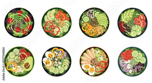 Salad bowls with various ingredients