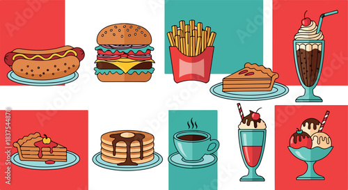 American fast food collection with colorful backgrounds