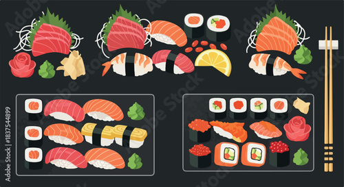 Sushi assortment on dark background with chopsticks