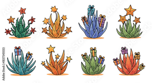 Holiday succulent plants with gifts and stars