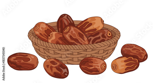 Dates in a basket with scattered fruit