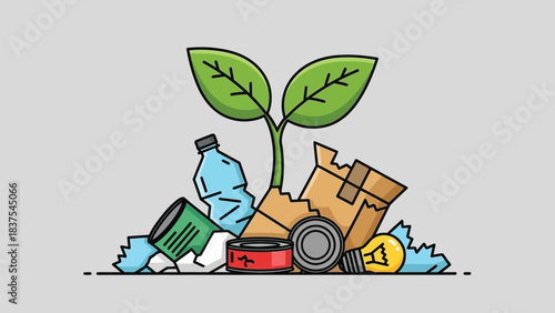 Hopeful sprout emerges from waste pile, symbolizing environmental recovery
