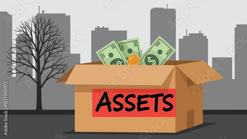 Cardboard Box Labeled "Assets" Highlighting Economic Disparity in the Cityscape