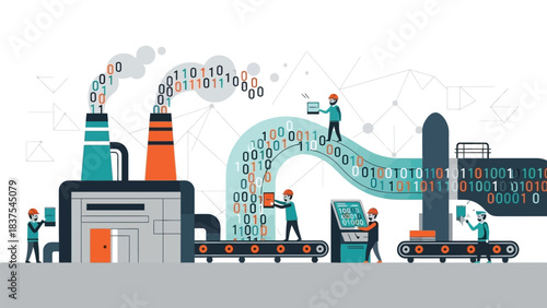 Binary code factory, symbolizing the modern digital economy and information processing