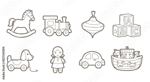 Childhood toys outline set for kids and nursery