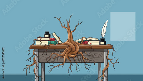 Concept illustration showcasing obsolescence in education with desk and roots