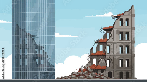 Juxtaposition of progress and decay: A glass skyscraper reflects ruins