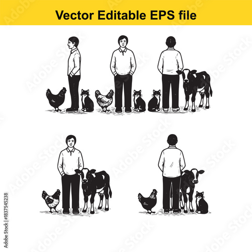  farm animals and people silhouettes isolated on white