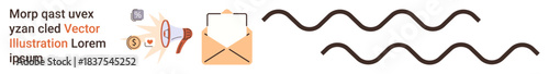 Email communication, digital correspondence, messaging, identity verification, information sharing, marketing. Envelope with icons and wavy lines. Email communication and messaging concept