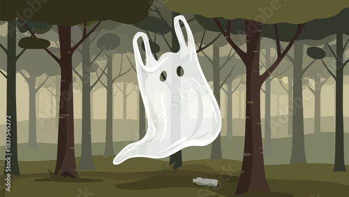Plastic bag apparition in woods, illustrating the ecological consequence of pollution